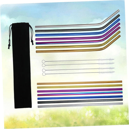 19Pcs Stainless Steel Drinking Straws Set Curved Straight with Brush
