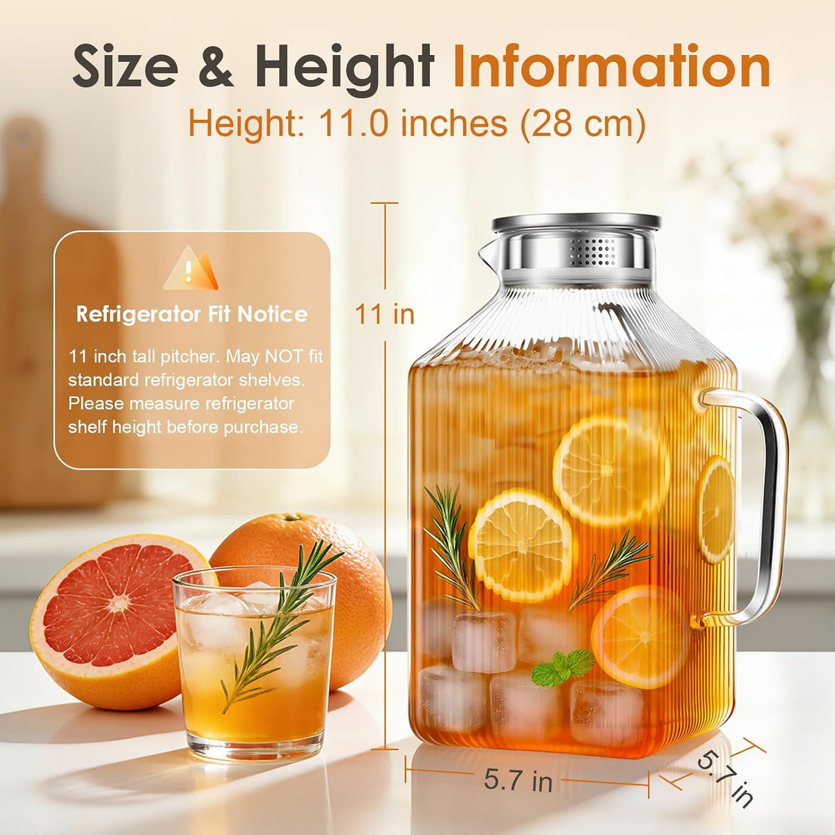 1 Gallon Thickened Square Glass Pitcher with Lid, Spout and Handle