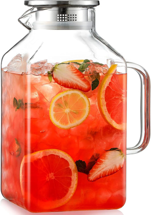 1 Gallon Square Glass Pitcher with Lid and Spout, Borosilicate Glass Carafe for Hot/Cold Drink, Water Pitchers with Handle for Fridge, Extra Large Jug for Iced Tea, Coffee, Juice, Beverage