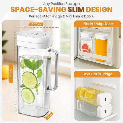 SlimFit 2Quart (2 Liter) pitcher with lid, Water jug for fridge door, White