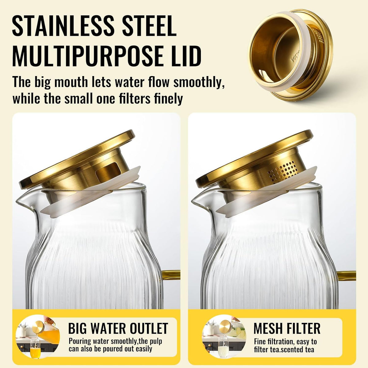 4 Pack 2 Liter/68 oz Square Glass Pitcher with Lid, Classic Stripes Water Pitchers with Handle for Fridge, Large Jug for Iced Tea, Coffee, Borosilicate Glass Carafe for Hot/Cold Brew Drink, Gold