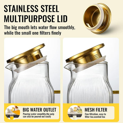 4 Pack 2 Liter/68 oz Square Glass Pitcher with Lid, Classic Stripes Water Pitchers with Handle for Fridge, Large Jug for Iced Tea, Coffee, Borosilicate Glass Carafe for Hot/Cold Brew Drink, Gold