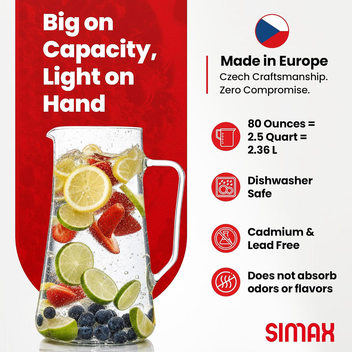 Simax Large Glass Pitcher With Spout, 2.5 Quart (80 Ounce) Borosilicate Glass Iced Tea Pitchers with Handle, Angled Cylinder Design, Glass Water Pitcher