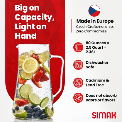 Simax Large Glass Pitcher With Spout, 2.5 Quart (80 Ounce) Borosilicate Glass Iced Tea Pitchers with Handle, Angled Cylinder Design, Glass Water Pitcher