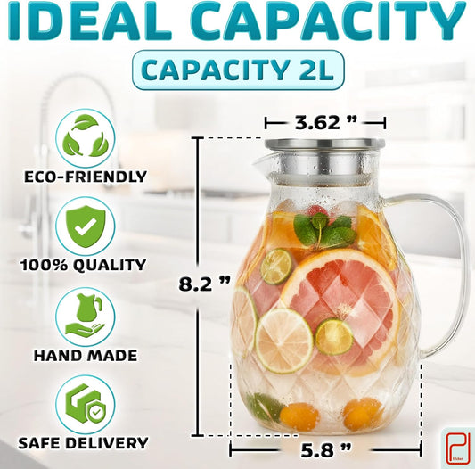 Borosilicate Glass Pitcher with Lid & Spout - 2 L / 68 oz Water Jug