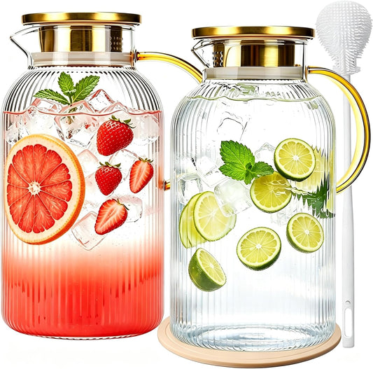 2 Pack Glass Pitchers with Handle and Lid, 68oz/2 Liter Stripes