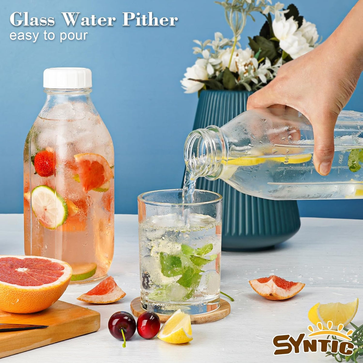 Syntic 2 Pack 32 Oz Glass Milk Bottles with Airtight Lids & 2 Caps