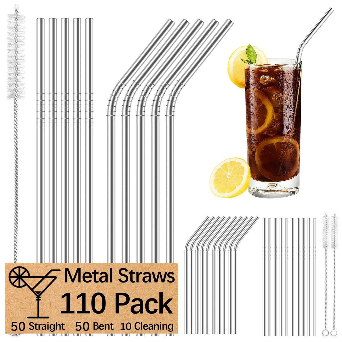 110 Pack metal straws reusable,50 Straight +50 Bent 8.5 Inch Stainless Steel Straws,10 Cleaning Brushes Included, Perfectly Compatible with 20oz Cup Tumblers