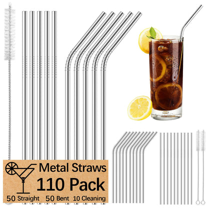 110 Pack metal straws reusable,50 Straight +50 Bent 8.5 Inch Stainless Steel Straws,10 Cleaning Brushes Included, Perfectly Compatible with 20oz Cup Tumblers