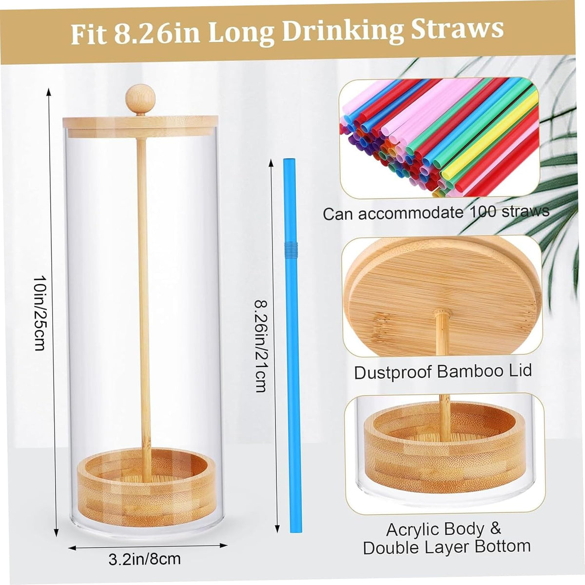 Straw Dispenser, Straw Dispenser With Bamboo Lid, Clear Acrylic Holder, Versatile Storage Container For Straws, Utensils, Makeup Brushes (25x8cm)..