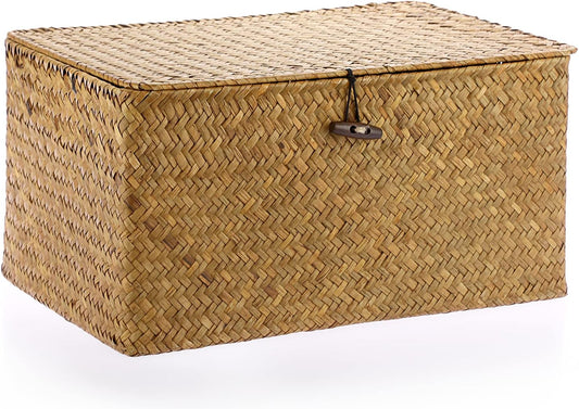 Hipiwe Wicker Shelf Baskets Bin with Lid Woven Seagrass Storage Box, Large