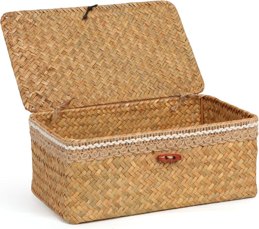 FEILANDUO Wicker Shelf Baskets with Lid - Boho Lace Decorative Storage Boxes, Handwoven Baskets Rectangular Seagrass Bins for Home Organization (Natural, 10.23" x 6.3" x 3.9")