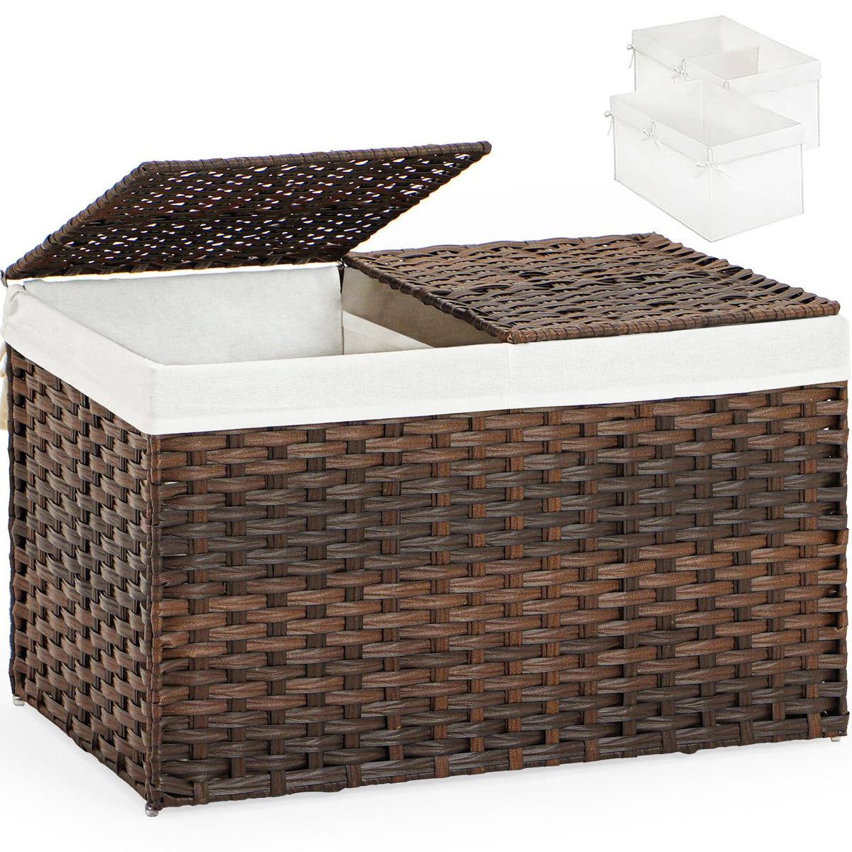 SETVSON Storage Basket with Lid Rattan Woven Storage Baskets with 2 Separate Lids, 17.2 Gallon (65 L), 22 x 13 x 13.8 Inches,Foldable, 2 Removable Liner Bags Handles for Bedroom, Laundry Room Natural