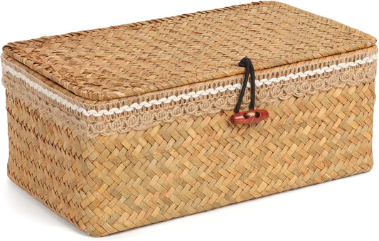 FEILANDUO Wicker Shelf Baskets with Lid - Boho Lace Decorative Storage Boxes, Handwoven Baskets Rectangular Seagrass Bins for Home Organization (Natural, 10.23" x 6.3" x 3.9")