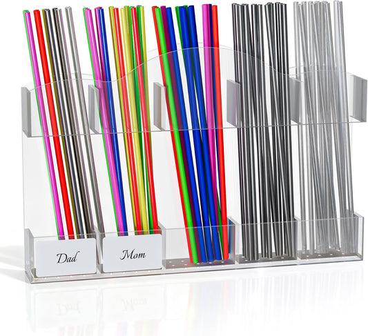 FOOGWEE 9.8" Acrylic Straw Holder for Cabinet Door - Straw Organizer with Ultra-Sticky Adhesive, Kitchen & RV Essensials, 5-Compartment Storage for Reusable Straws & Brushes, Colored Pencils, Markers