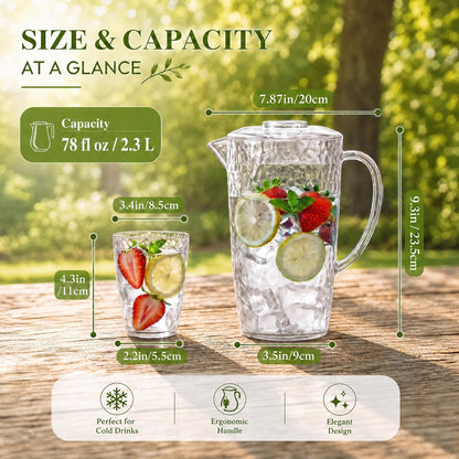 Water Pitcher and Cups Set, Plastic Pitcher with Lid, Iced Tea or Juice Jug