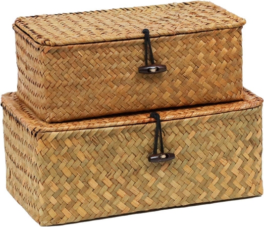 Set of 2 Wicker Basket with Lid, Seagrass Woven Basket for Storage