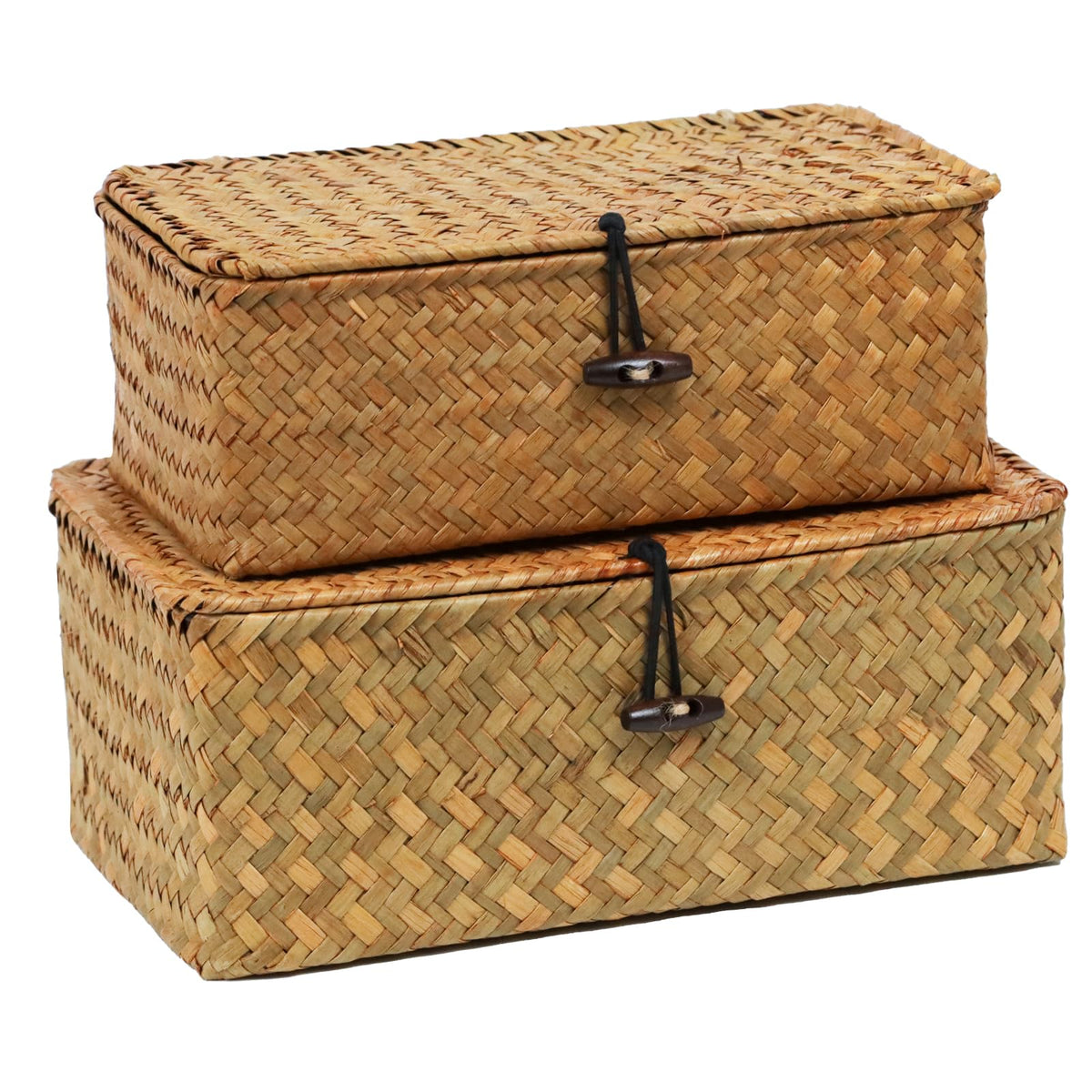 Set of 2 Wicker Basket with Lid, Seagrass Woven Basket for Storage
