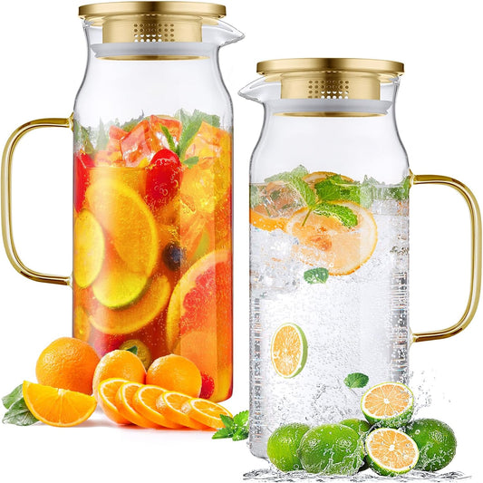 Bivvclaz 2 Pack 2 Liter 68 oz 2.1 Qt Gold Glass Pitcher with Lid and Handle, Water Pitcher for Fridge, Glass Carafe for Hot/Cold Water, Large Iced Tea Jug for Coffee, Juice and Homemade Beverage