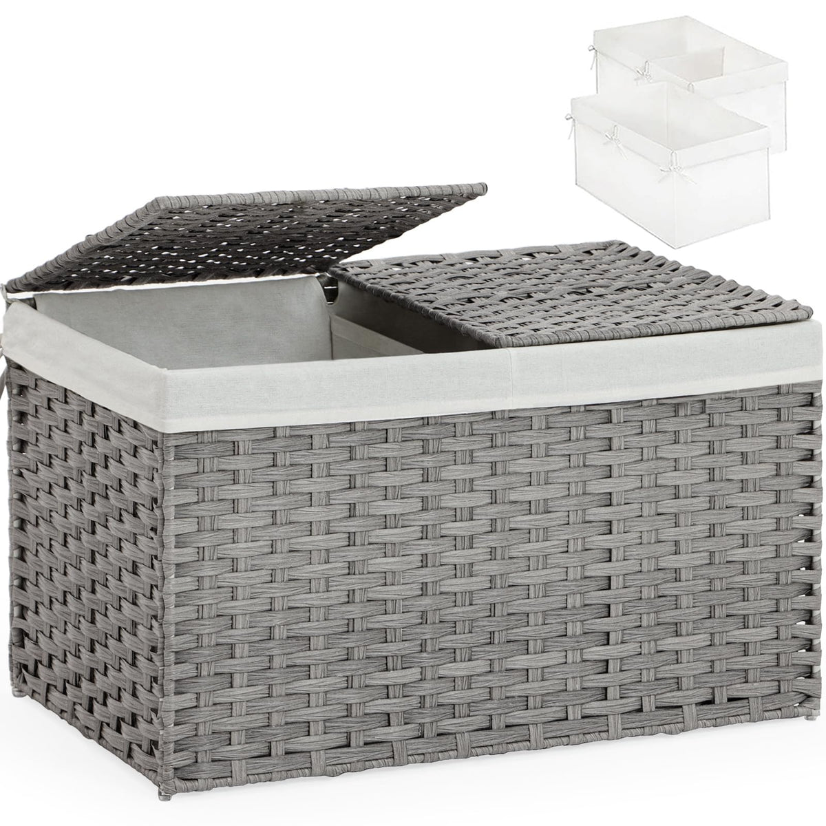 SETVSON Storage Basket with Lid Rattan Woven Storage Baskets with 2 Separate Lids, 17.2 Gallon (65 L), 22 x 13 x 13.8 Inches,Foldable, 2 Removable Liner Bags Handles for Bedroom, Laundry Room Natural