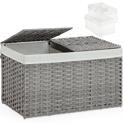 SETVSON Storage Basket with Lid Rattan Woven Storage Baskets with 2 Separate Lids, 17.2 Gallon (65 L), 22 x 13 x 13.8 Inches,Foldable, 2 Removable Liner Bags Handles for Bedroom, Laundry Room Natural