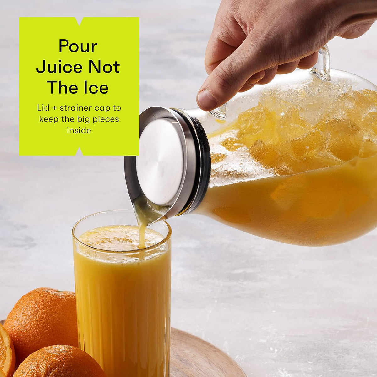 84- OZ Glass Pitcher With Stainless Steel Lid | Beautiful Lightweight Beverage Jug Carafe With A Wide Handle | Great For Cold & Hot Drinks Like Tea, Lemonade, Juice, Water, Coffee, Cold Brew