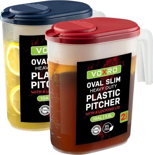 2-Pack 1 Gallon Water Pitchers with Lids, Slim Fridge Door Water Jugs