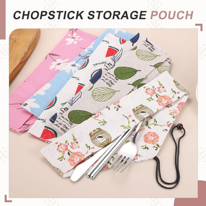 uxcell Chopstick Case, 9 Pcs Chopstick Storage Japanese Style Cutlery Pouch Portable Utensil Travel Case Bag Sleeves Tableware Storage for Spoon Fork Straws, Pink Base White Floral