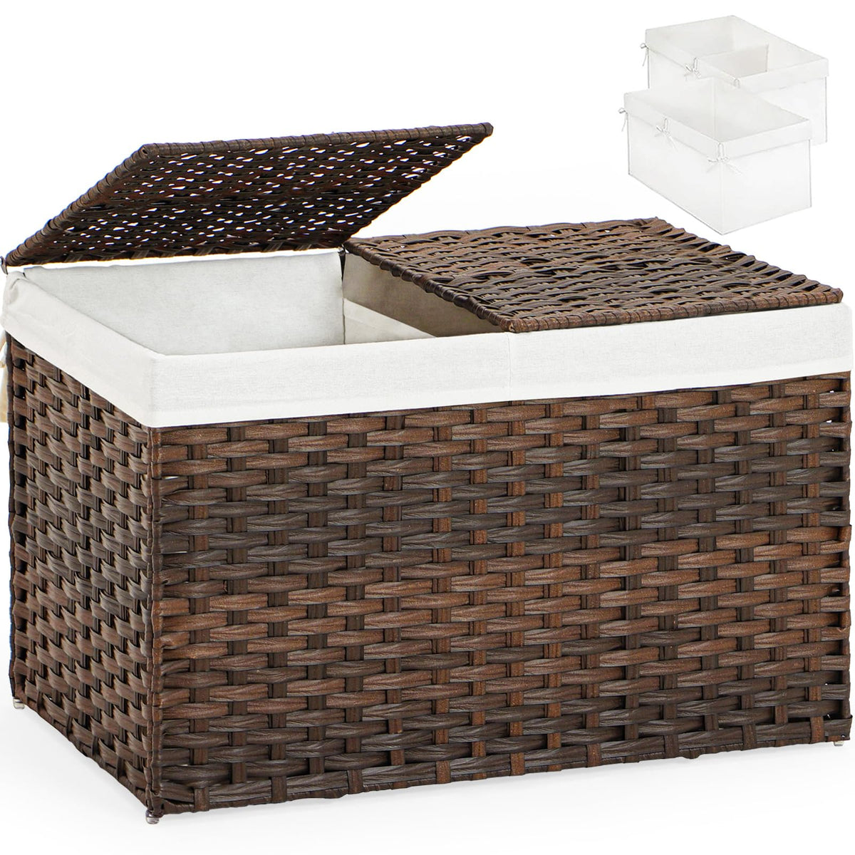 SETVSON Storage Basket with Lid Rattan Woven Storage Baskets with 2 Separate Lids, 17.2 Gallon (65 L), 22 x 13 x 13.8 Inches,Foldable, 2 Removable Liner Bags Handles for Bedroom, Laundry Room Natural