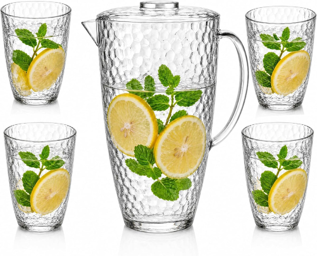 Water Pitcher and Cups Set, Plastic Pitcher with Lid, Iced Tea or Juice Jug