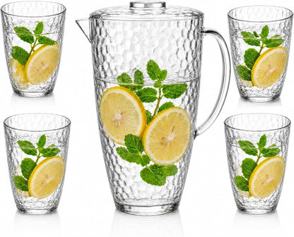 Water Pitcher and Cups Set, Plastic Pitcher with Lid, Iced Tea or Juice Jug