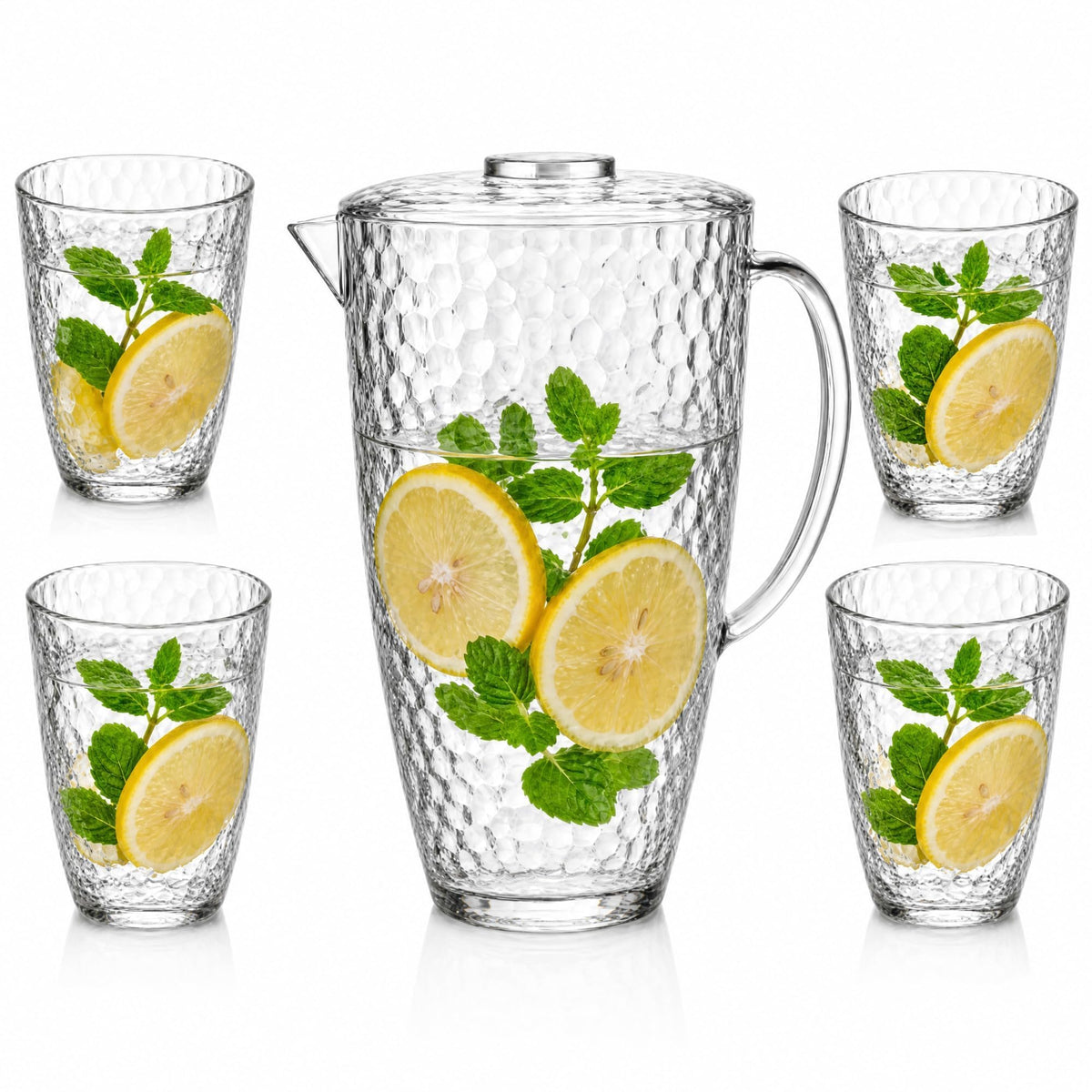Water Pitcher and Cups Set, Plastic Pitcher with Lid, Iced Tea or Juice Jug