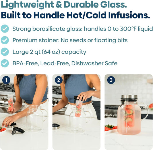 Infusion Pro Glass Fruit Infuser Water Pitcher, 2 Qt