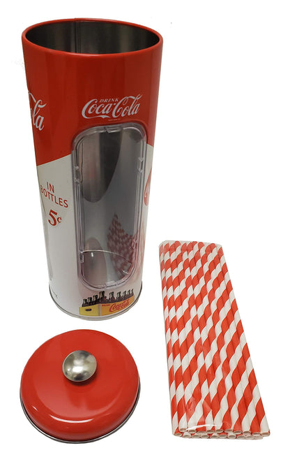 The Tin Box Company Coke Straw Holder Tin with 20 Paper Straws Inside, 3-3/8 x 8-1/4"H, Red and White (771517-12) - Good for 8" Straws or less