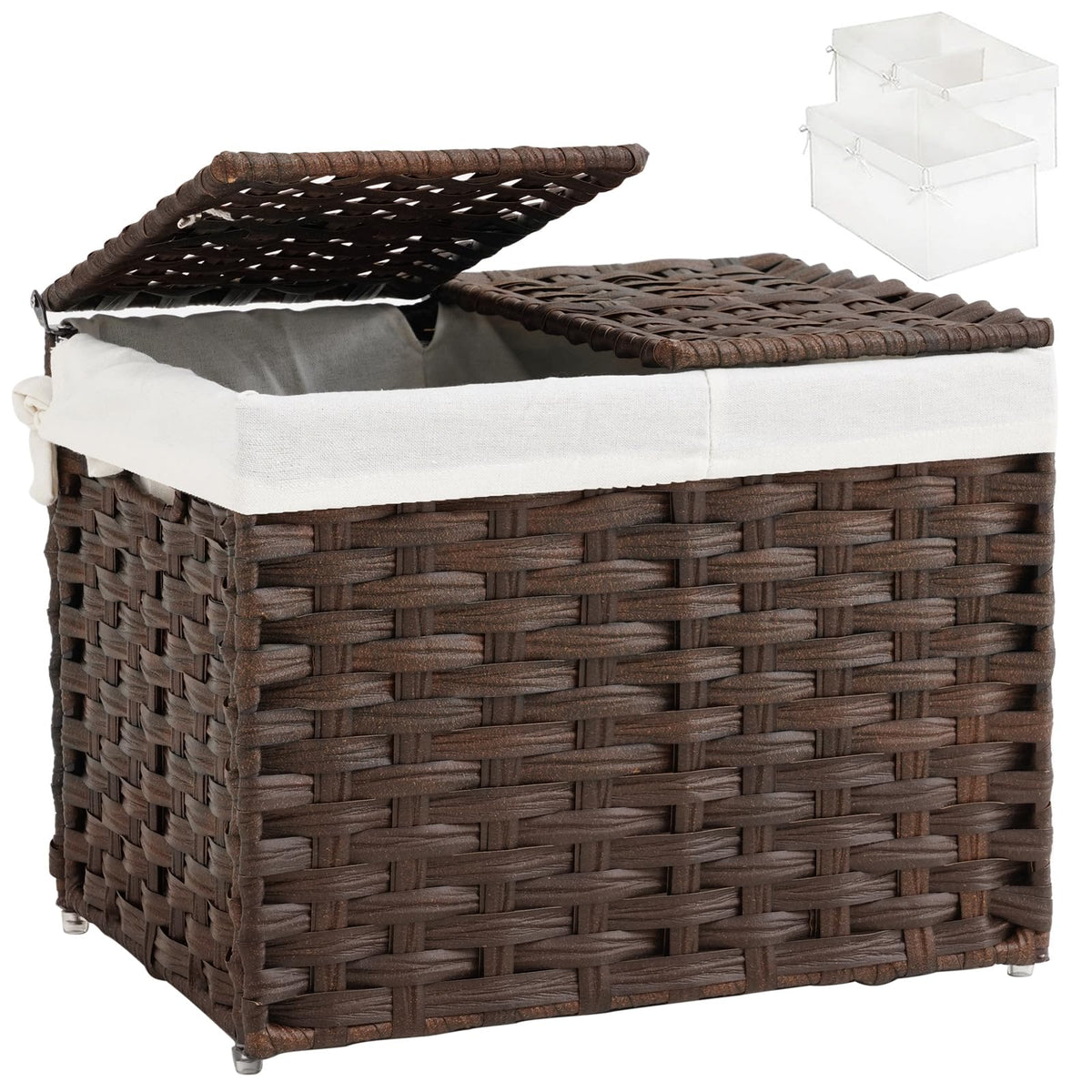 SETVSON Storage Basket with Lid Rattan Woven Storage Baskets with 2 Separate Lids, 17.2 Gallon (65 L), 22 x 13 x 13.8 Inches,Foldable, 2 Removable Liner Bags Handles for Bedroom, Laundry Room Natural