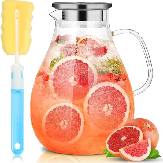 SUSTEAS 3 Litre 101oz Glass Pitcher with Lid and Spout, Handmade Pitcher