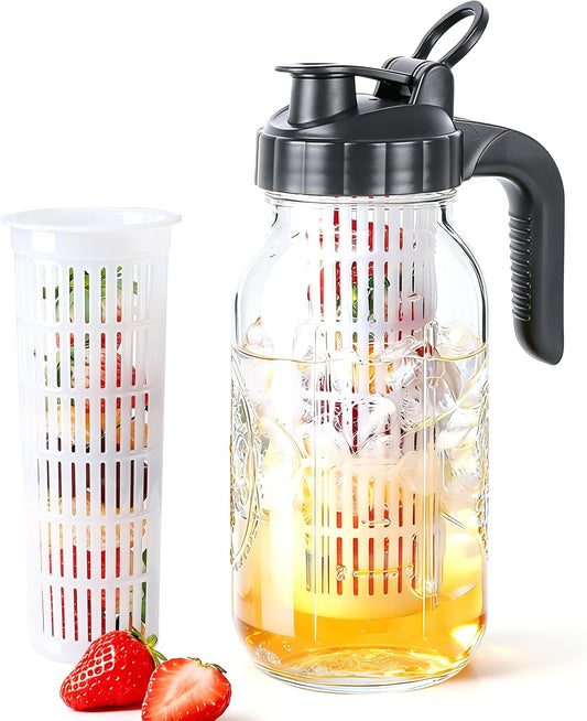 Glass Mason Jar Pitcher with Fruit Infuser 64oz Glass Pitcher with Lid