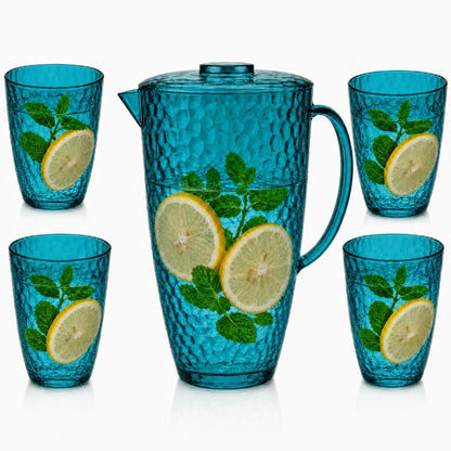 Water Pitcher and Cups Set, Plastic Pitcher with Lid, Iced Tea or Juice Jug