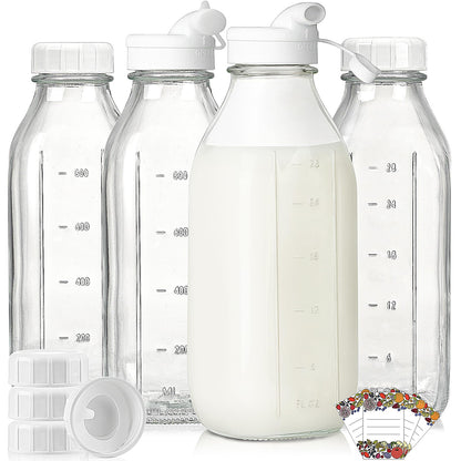 Syntic 2 Pack 32 Oz Glass Milk Bottles with Airtight Lids & 2 Caps