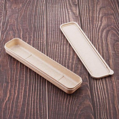 1pcs Reusable Utensils Wheat Straw Travel Cutlery Box, Portable Tableware Flatware Box for Picnic Camping (Beige)