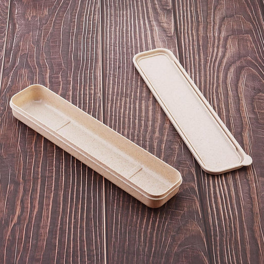 1pcs Reusable Utensils Wheat Straw Travel Cutlery Box, Portable Tableware Flatware Box for Picnic Camping (Beige)