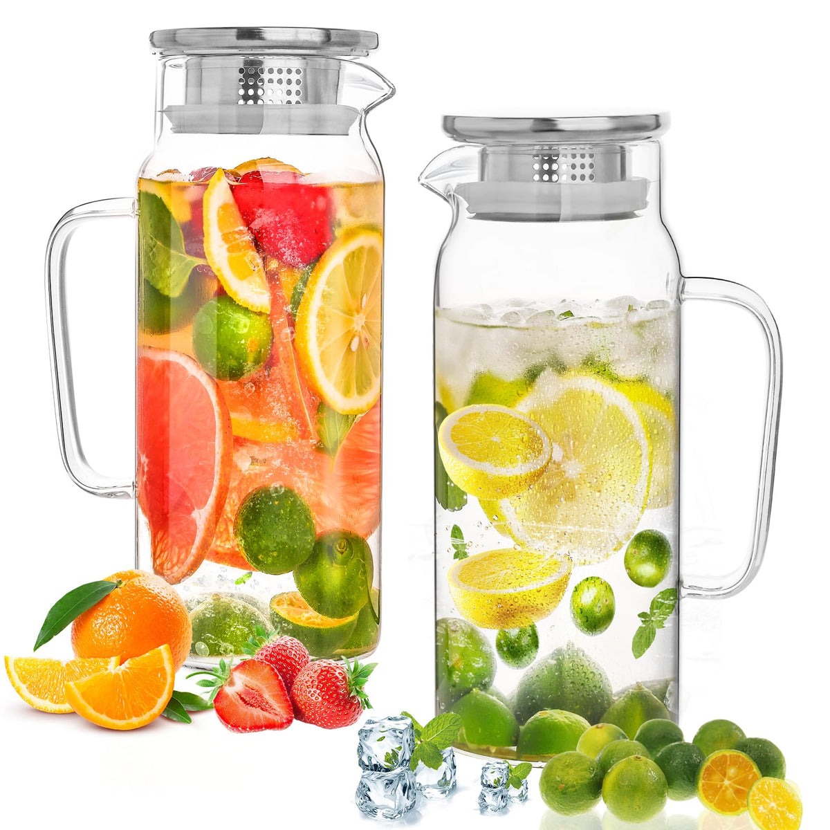 1 Gallon Glass Pitcher with Lid and Handle, Hot & Cold Water Jug, Extra-Wide Mouth Beverage Carafe for Juice, Iced Tea & Drinks