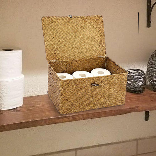Hipiwe Wicker Shelf Baskets Bin with Lid Woven Seagrass Storage Box, Large