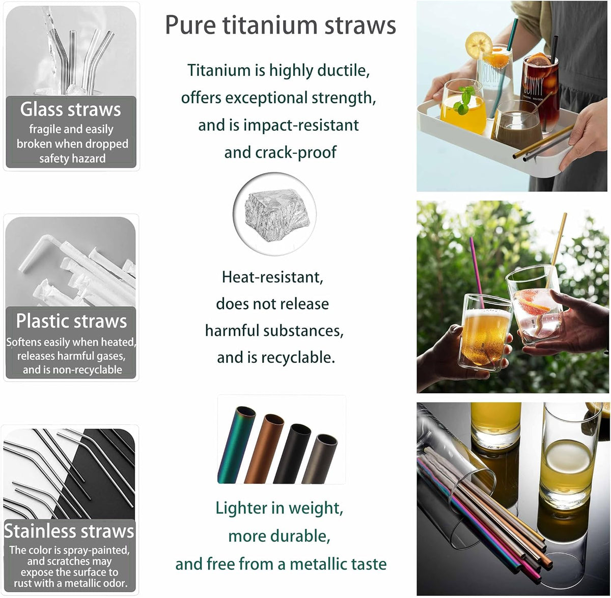 0.24'' Grade 2 ASTM F67 Pure Titanium Straws with Cleaning Brush