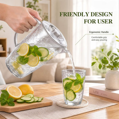 Water Pitcher and Cups Set, Plastic Pitcher with Lid, Iced Tea or Juice Jug