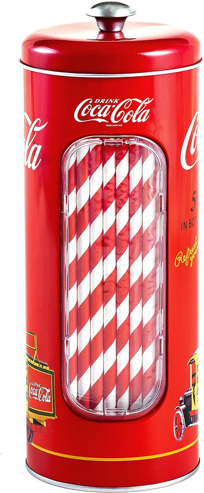 The Tin Box Company Coke Straw Holder Tin with 20 Paper Straws Inside, 3-3/8 x 8-1/4"H, Red and White (771517-12) - Good for 8" Straws or less