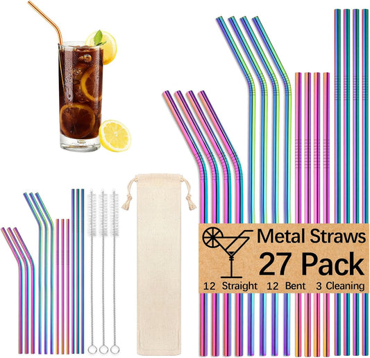27 Pack metal straws reusable,12 Pcs Straight +12 Pcs Bent 3 Pcs Cleaning Brushes Included,stainless steel straws for 20oz and 30oz Tumblers Dishwasher Safe