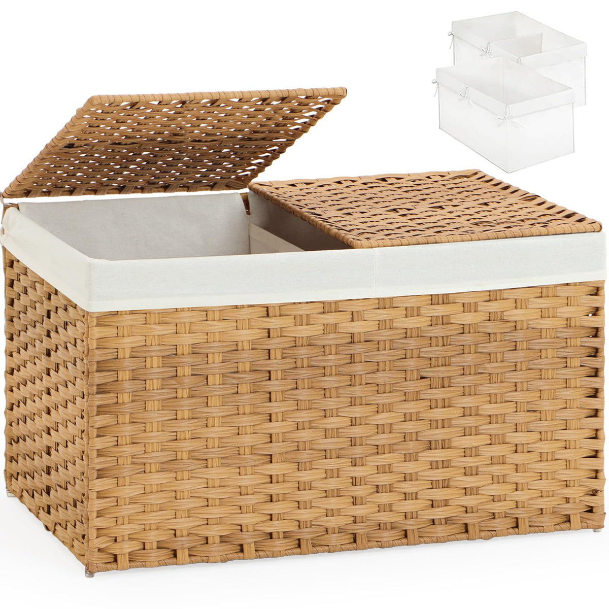 SETVSON Storage Basket with Lid Rattan Woven Storage Baskets with 2 Separate Lids, 17.2 Gallon (65 L), 22 x 13 x 13.8 Inches,Foldable, 2 Removable Liner Bags Handles for Bedroom, Laundry Room Natural