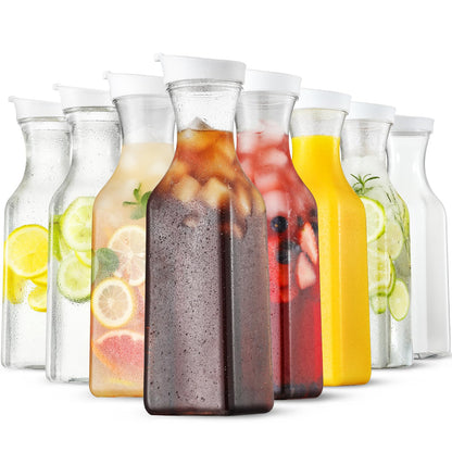 Plastic 8 PACK Large 50 Oz Water Carafe with Flip Top Lid, Square Base Juice Containers, Clear Plastic Pitcher - for Water, Iced Tea, Juice, Beverage, Milk, Cold Brew and Mimosa Bar - HAND WASH ONLY