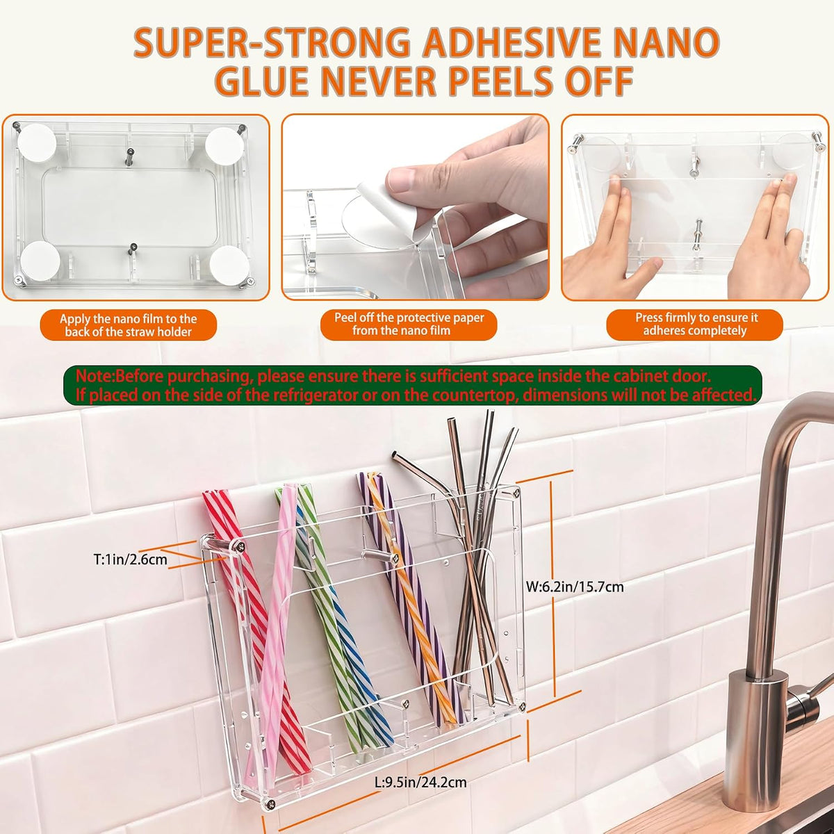 Straw Holder for Cabinet Door & Wall – Acrylic Straw Organizer Storage Box for Reusable Straws, Coffee Sticks, Space Saving Kitchen Organizer